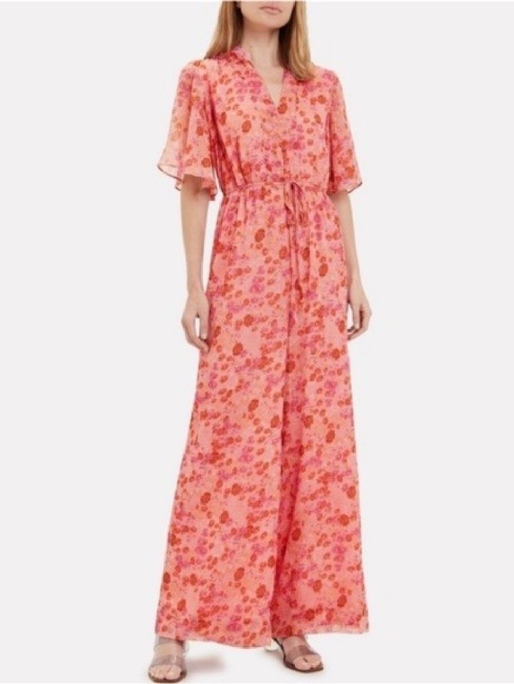 ByTiMo Anthropologie Pink Georgette Garden Floral Wide Leg Jumpsuit